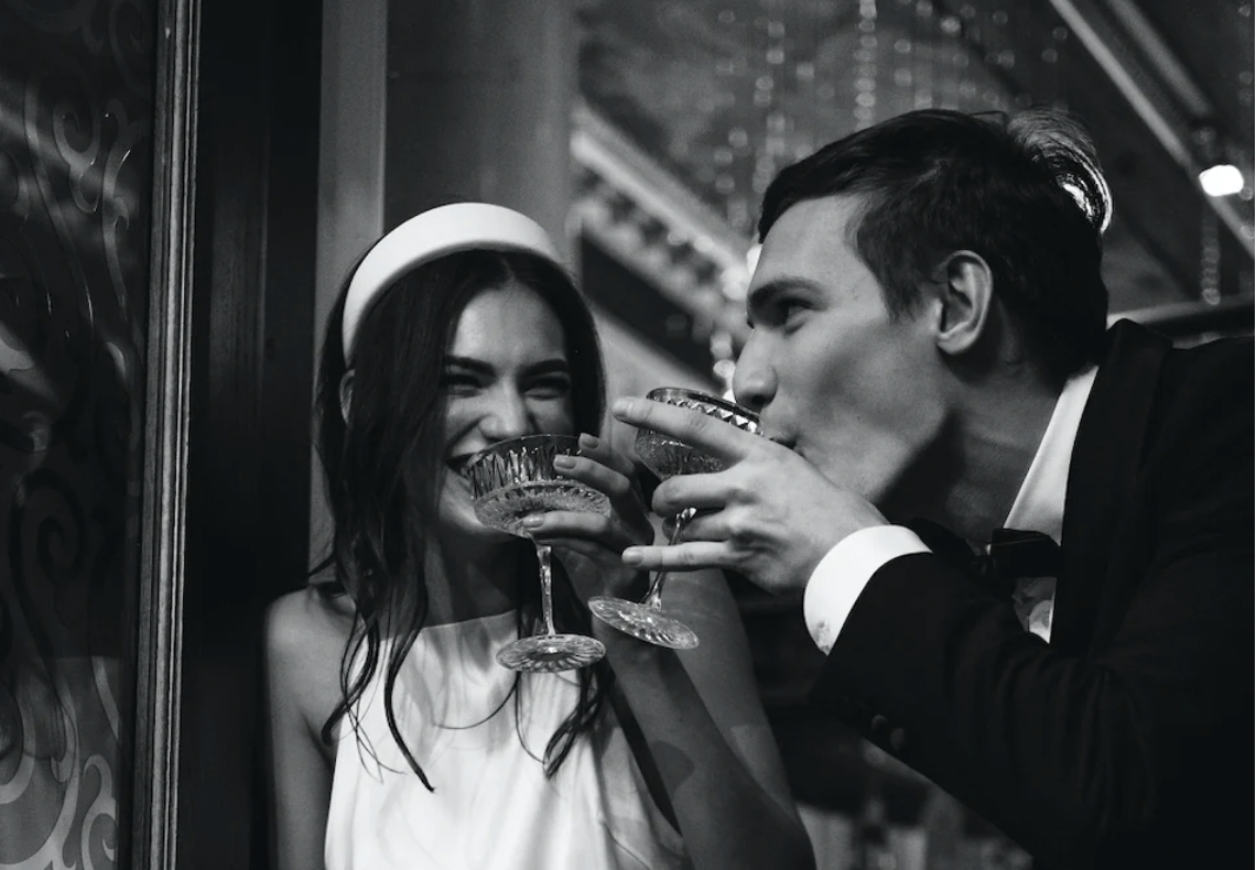 black and white photo of bride and groom